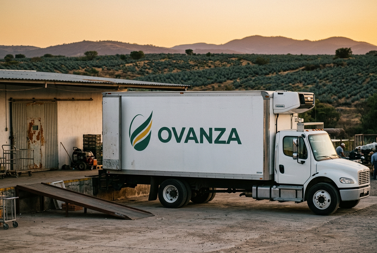 Camión de reparto OVANZA con logotipo en el costado en un andén de carga