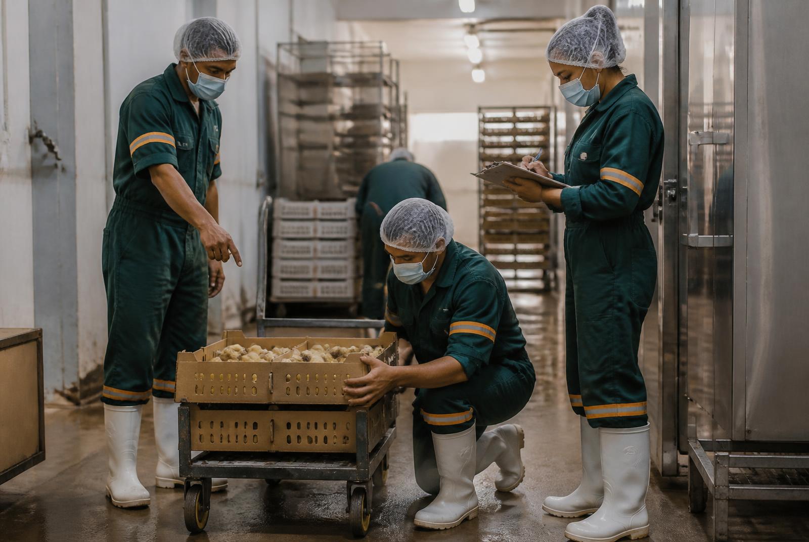 Equipo técnico de OVANZA revisando cajas de pollito en el pasillo de la planta de incubación