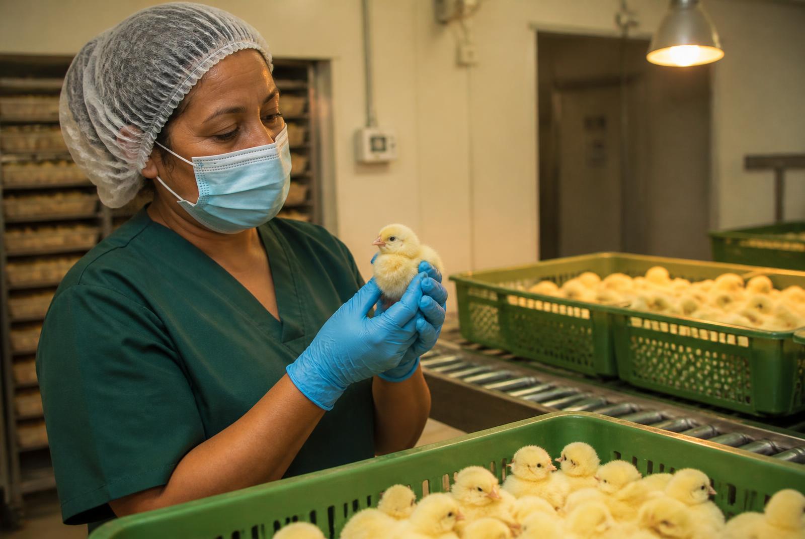 Pollitos de un día saludables en cajas verdes durante la selección en la planta de incubación